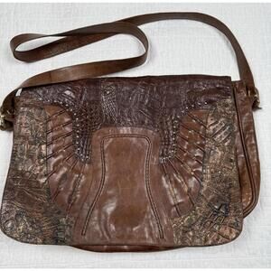 Vtg SAN MARINO Brown Leather Messenger Bag Tooled Croc Embossed Crossbody Boho